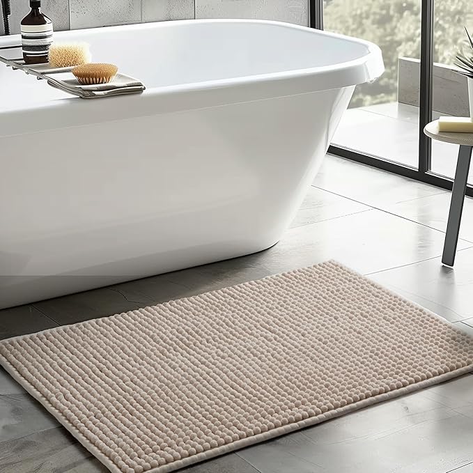 FRESHMINT Thick Chunky Chenille Bath Rugs 24"x36", Non Slip Bath Mat, Soft Bathroom Decor, Cute Shower Mat, Water Absorbent, Washable, Beige
