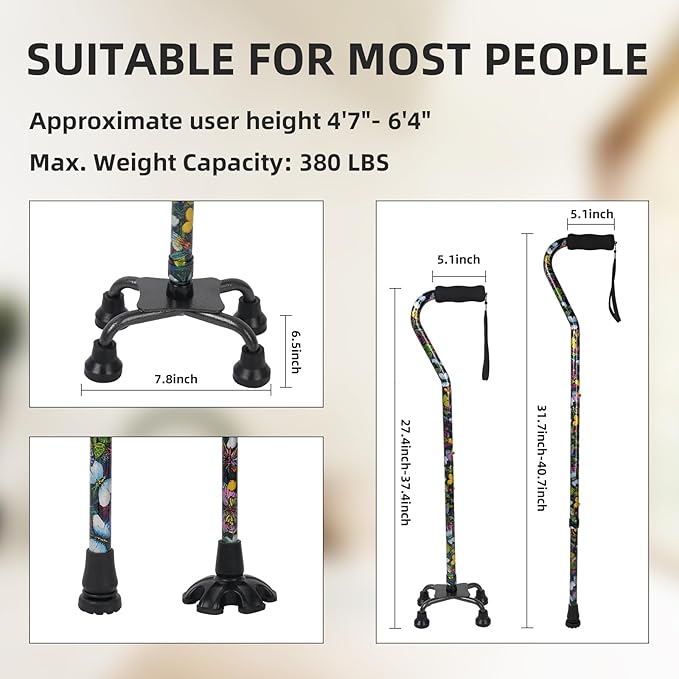 Walking Cane for Women & Men, Adjustable Quad Cane with 4-Prong Base for Stability and Balance, Folding Aluminum Walking Stick for Seniors