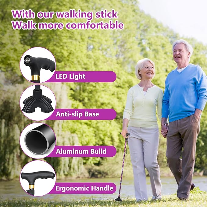 Walking Cane with LED Light, Foldable,Adjustable, Self Standing Walking Canes for Men & Women,Walking Sticks with Quad Base for Seniors & Adults