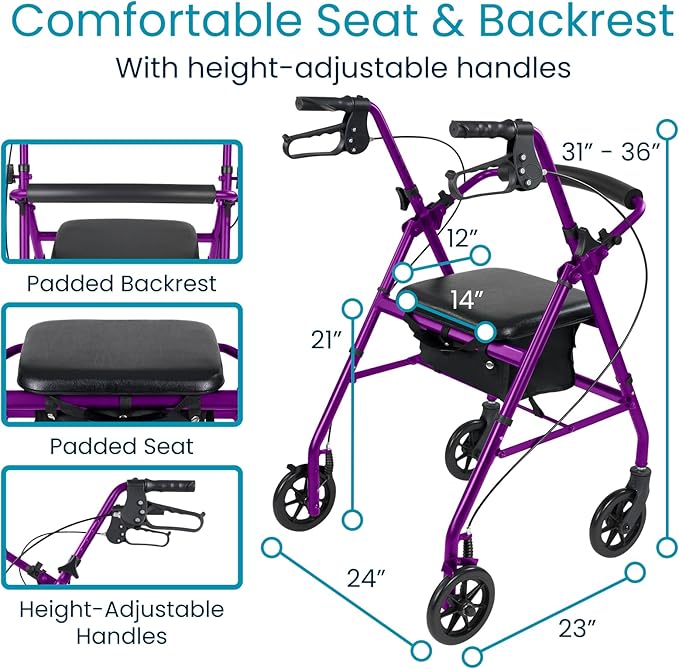 Vive Ultra Lightweight Rollator Walker with Seat - Foldable, Narrow, Rolling Senior Walker for Small Spaces - 4 Wheel Aluminum Adult Easy Drive Aid with Underseat Accessory - Weighs Only 14 Lbs