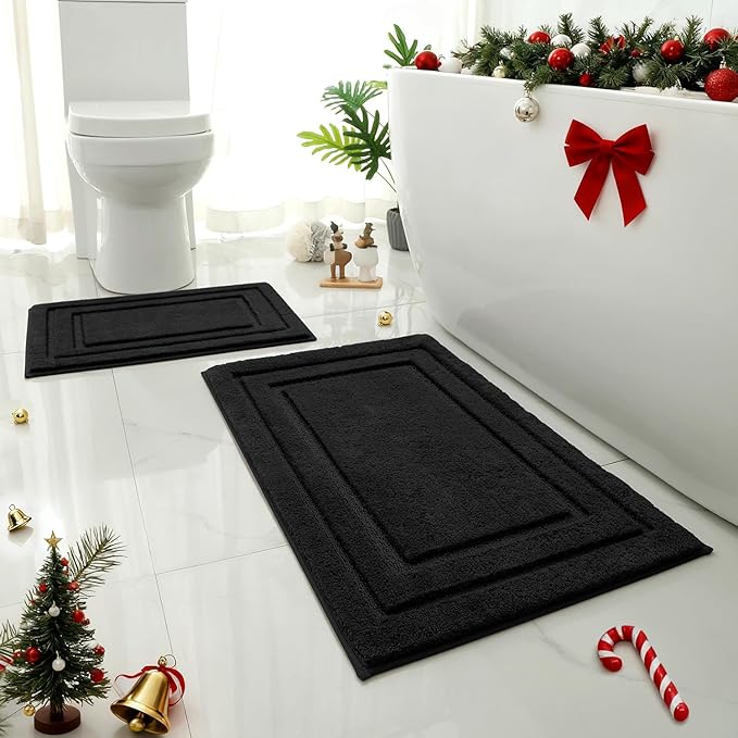 HOMEIDEAS Bathroom Rugs Sets 2 Piece, Super Soft and Absorbent Non Slip Microfiber Machine Washable Bath Mat Set (20" x 32" + 16" x 24", Black)