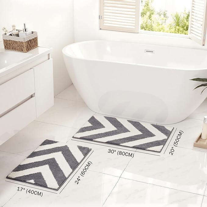 Exclusivo Mezcla Bathroom Rugs Mat 20x30, Extra Soft Non Slip Absorbent Water Microfiber Bath Rugs, Machine Washable Quick Dry Bath Mats for Bathroom Floor, Shower, Home Decor, Striped Grey