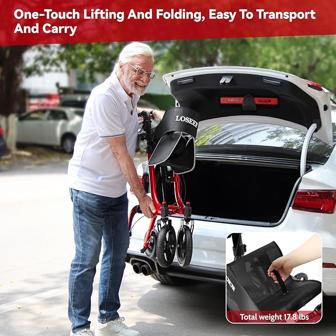 Foldable Rollator Walkers with Seat for Seniors, 10" Big Rubber Wheels All Terrain Rollator Walker with Adjustable Backrest and Handles, 350 Lb, Cup Holder, Lightweight 4 Wheel Walker for Seniors Red