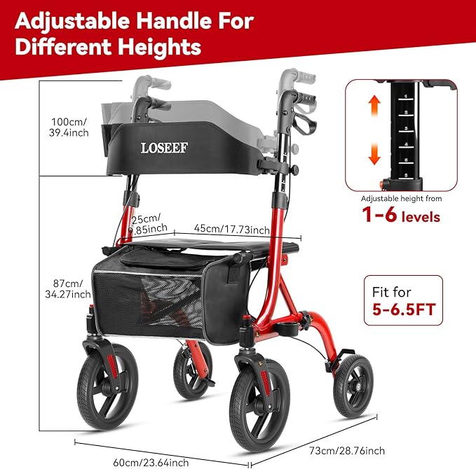 Rollator Walkers for Seniors, 10" Big Rubber Wheels All Terrain Rollator Walker with Adjustable Backrest and Handles, 350 Lbs, Cup Cane Holder, Foldable Lightweight Walker with Seat for Seniors Red