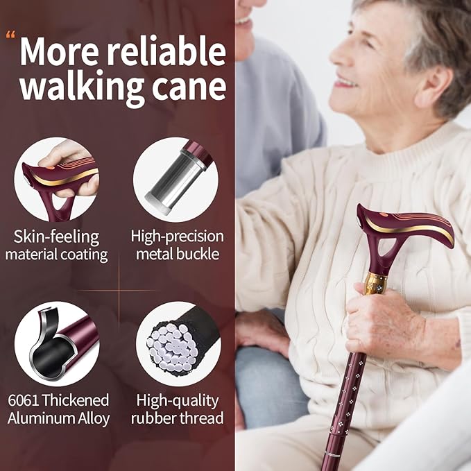 Folding Cane, Smart Alarm Foldable Cane with Light, Fashion Walking Cane for Women&Men, Adjustable Canes for Seniors, USB Direct Charging, Lightweight and Portable