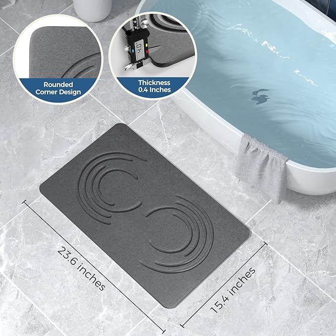 Stone Bath Mat Diatomaceous Earth Shower Mat,Quick Drying Diatomite Bath Stone Mat for Bathroom Floor -Super Absorbent,Natural, Easy to Clean (24 * 16 Grey)
