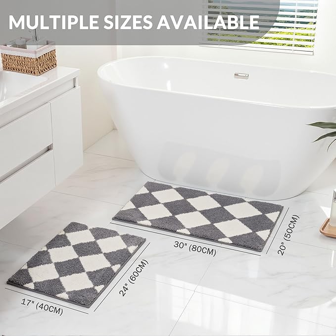 Exclusivo Mezcla Bathroom Rugs Mat 17x24, Extra Soft Non Slip Absorbent Water Microfiber Bath Rugs, Machine Washable Quick Dry Bath Mats for Bathroom Floor, Shower, Home Decor, Checkered Grey