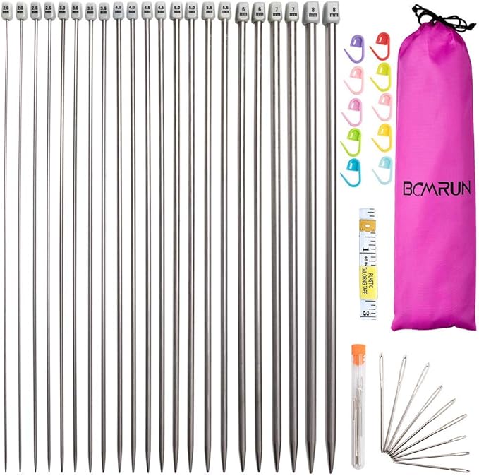 Knitting Needle Set, BCMRUN 22PCS 2mm(B)-8mm(L) Straight Single Pointed Stainless Steel Sweater Needles Set(11Pair-11 Size,9.8 inch) with Locking Stitch Makers Large-Eye Needles Measure Tape (25CM)
