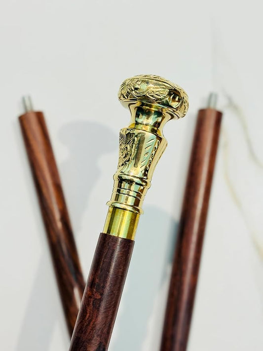 Wooden Walking Cane for Men & Women, Vintage Walking Stick, Solid Brass Head Cane, Antique Gentlemen Walking Stick, Halloween Costume Prop, Handmade Wooden Cane Gift