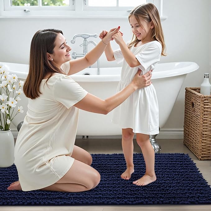 Bathroom Runner Rug 24x70 Non Slip Washable Long Bath Mat for Tub Thick Soft Absorbent Bathroom Floor Mat Large Chenille Bath Rug for Shower, Navy