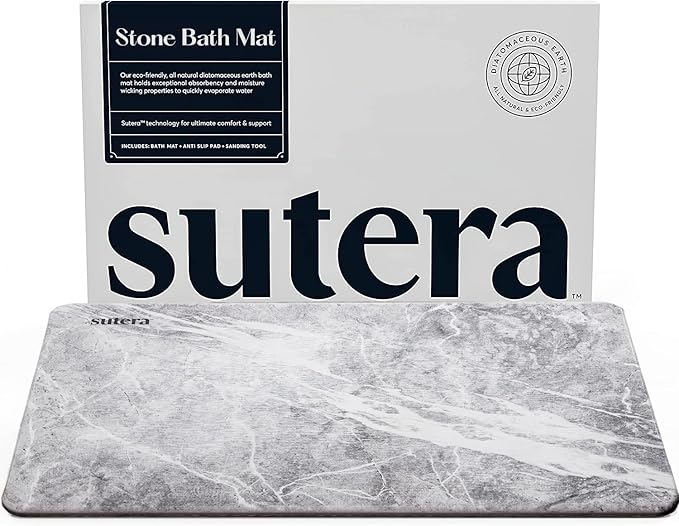 SUTERA - Stone Bath Mat, Diatomaceous Earth Shower Mat, Non-Slip Super Absorbent Quick Drying Bathroom Floor Mat, Natural, Easy to Clean (23.5 x 15 Granite)