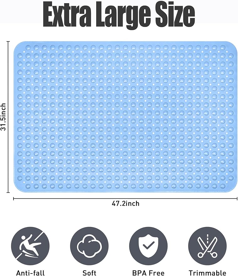 Extra Large Shower Mat, Yonala 47.2 x 31.5 Inch Non Slip Shower Mats for Inside Shower with Drain Hole and Suction Cups, Soft Trimmable TPE Anti Slip Shower Mat for Walk in Shower Stall, Heavy Mat