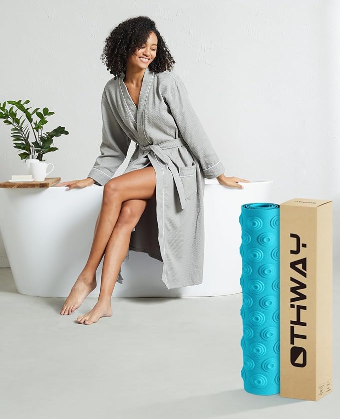 OTHWAY No Suction Cup Bath Mat: 39x16 inch Extra Long Bathmat│Perfect for Refinished or Ordinary Bath Tubs│Made of Nature Rubber│a Blessing for The Elderly and Children (Blue)