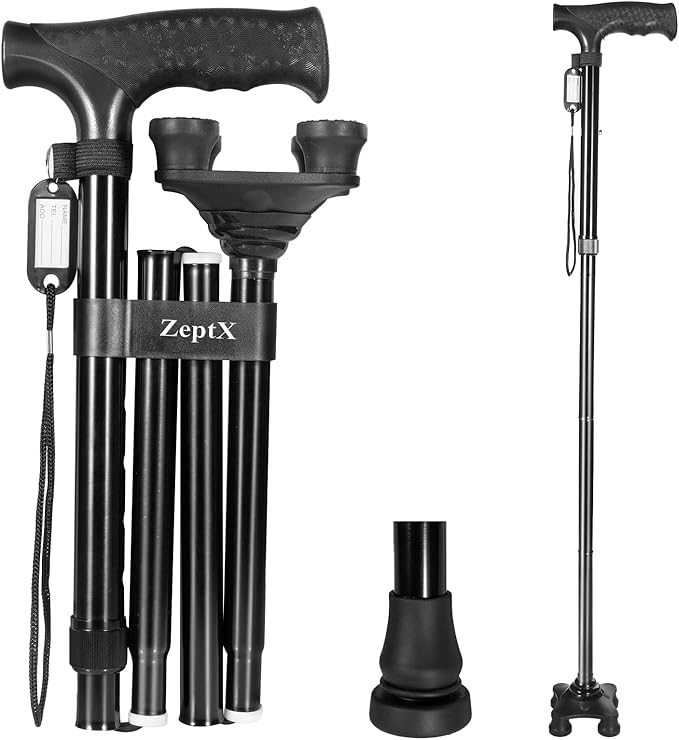 Folding Walking Quad Cane for Men and Women,Ultra Lightweight Sturdy Height Adjustable Nonslip Rubber Tips Free Standing Cane,Collapsible Walking Sticks for Seniors & Adults [Black]