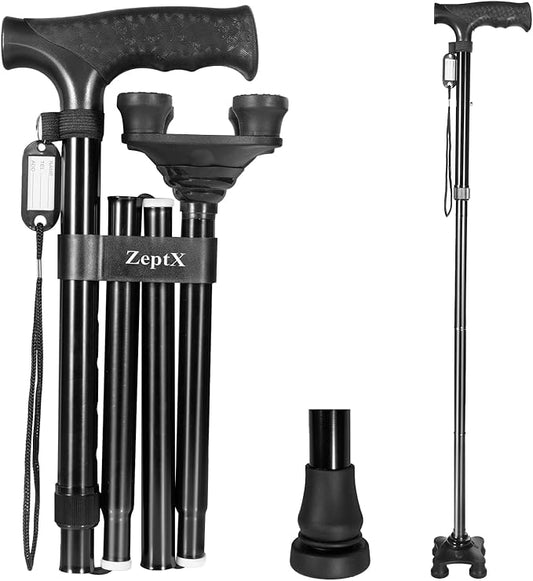 Folding Walking Quad Cane for Men and Women,Ultra Lightweight Sturdy Height Adjustable Nonslip Rubber Tips Free Standing Cane,Collapsible Walking Sticks for Seniors & Adults [Black]