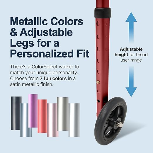 Lumex ColorSelect Walker, Lightweight & Folding 2-Wheel Walker for Adults & Seniors, Red