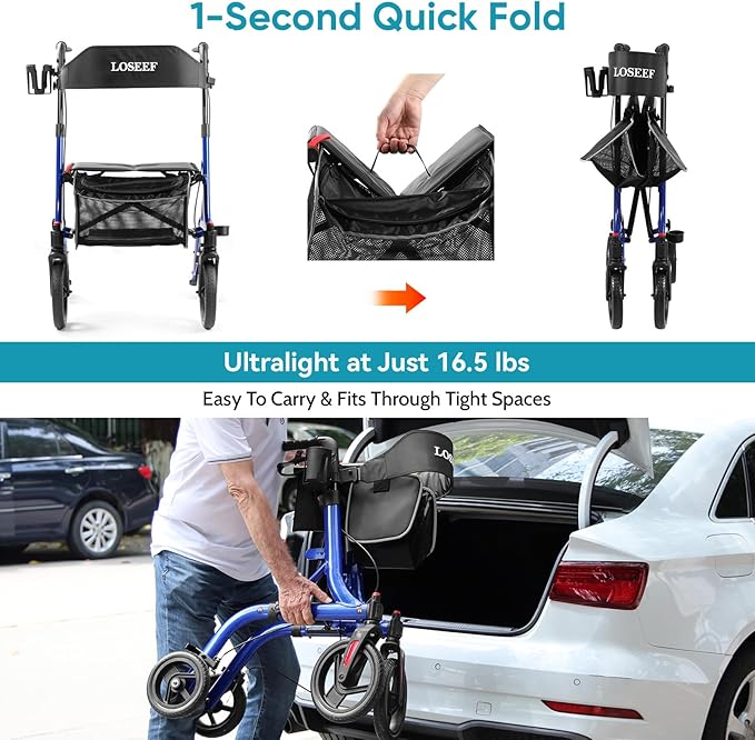 Rollator Walkers for Seniors, 10" Big Rubber Wheels All Terrain Rollator Walker with Adjustable Backrest and Handles, 350 Lbs, Cup Cane Holder, Foldable Lightweight Walker with Seat for Seniors Blue