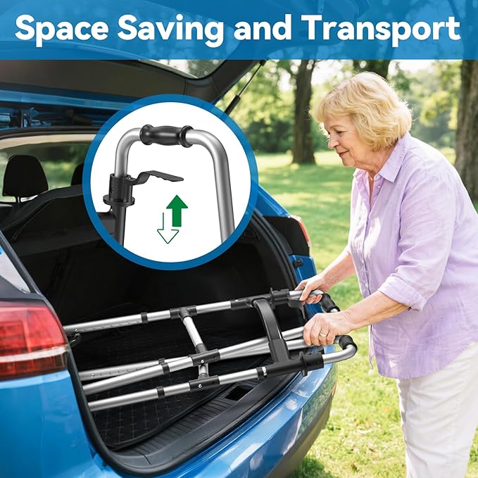 Folding Walker with 2 Precut Tennis Balls, 5" Wheels Lightweight Walkers for Seniors and Adults, Supports Up to 350 Pounds, Adjustable Height, Compact Standard Walker