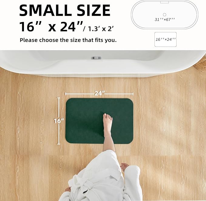 Bathroom Mat Quick Dry, Bathroom Rugs Non Slip Washable Thin Absorbent Bath Mat Fits Under Door Bathroom Floor Mat Perfect for Bath, Shower, or Sink 16"x24" Dark Green
