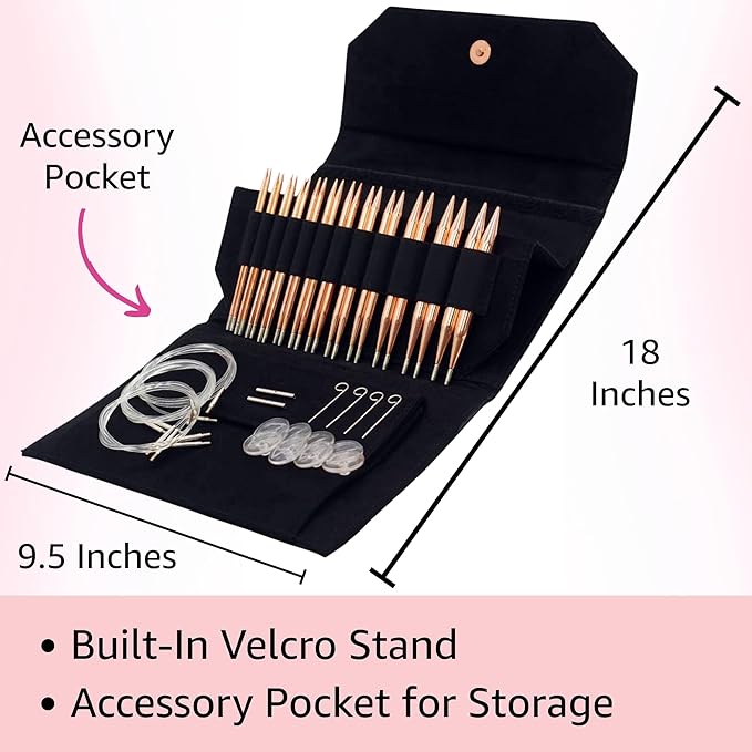 Lykke Cypra 5 in. Complete Set US Sizes US 3, 4, 5, 6, 7, 8, 9, 10, 10.5, 11, 13, 15 Interchangeable Circ. Knitting Needles for DK, Worsted, Chunky Yarns, Copper, 5 Cords, Black VS Case, Project Bag