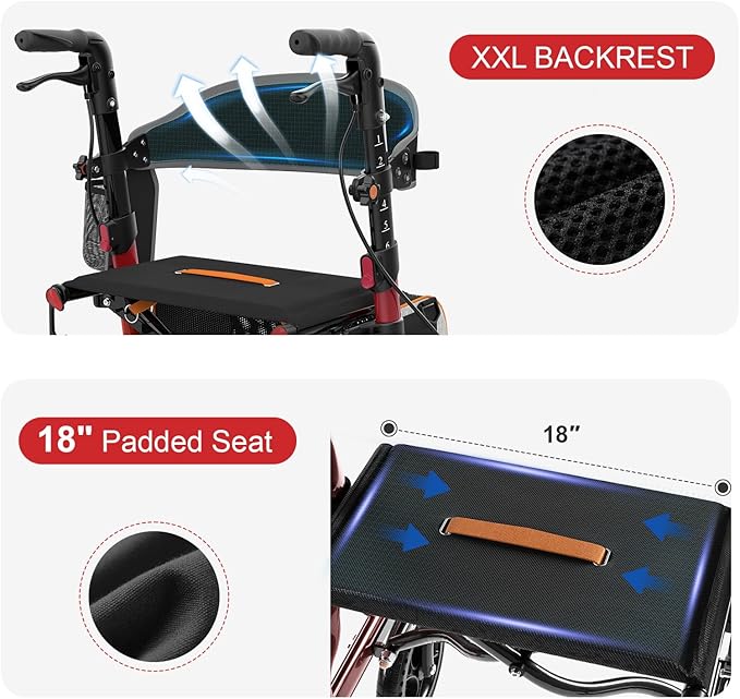 Rollator Walker for Seniors with Seat, Lightweight & Foldable, 8" All-Terrain Wheels, 18" Big Seat, 6-Level Adjustable Height Rolling Walker, 350 lb Capacity, Burgundy