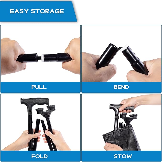 Folding Walking Quad Cane for Men and Women,Ultra Lightweight Sturdy Height Adjustable Nonslip Rubber Tips Free Standing Cane,Collapsible Walking Sticks for Seniors & Adults [Black]