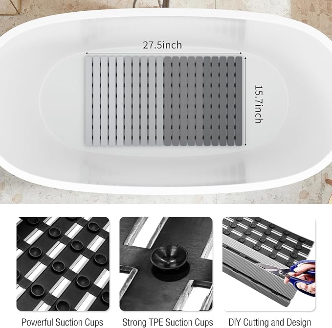 MBOSS Bath Tub Shower Mat Non Slip Bathtub Mats for Bathroom Shower Floor Mat Bath Mats for Shower Tub Anti Slip Shower Mat with Drain Hole and Large Suction Cups (Gradient Grey, 27.5 X 15.7 Inch)