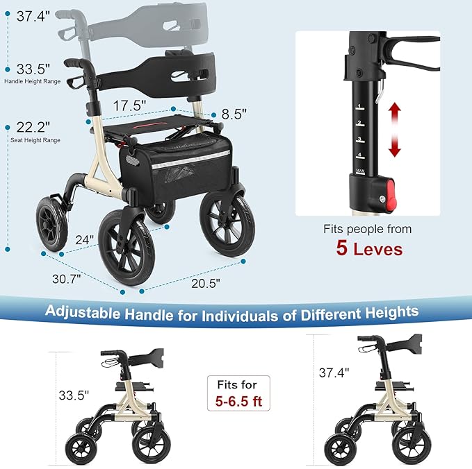 Walkers for Seniors, Rollator Walker with Seat, 12" Big Rubber Wheels All Terrain Rollator Walker with Backrest, Built-in Cable, Cup Holder, Foldable and Height Adjustment for Seniors, Gold
