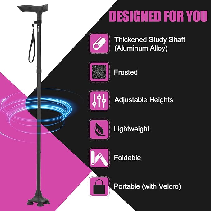 Walking Canes for Seniors Balance with Extended and Thickened Handle. Foldable; Adjustable; Collapsible; Stylish; Quad Cane for Men for Stability (Basic & Black)