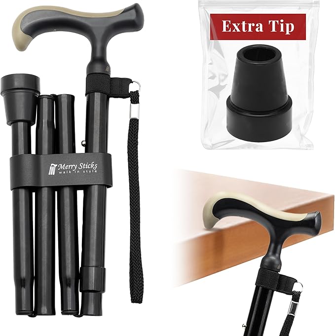 Merry Sticks Lightweight Foldable Walking Canes for Women and Men, Adjustable & Collapsible Walking Stick for Seniors, Non-Slip Ergonomic Handle with 1 Extra Replacement Cane Tip – Jet Black