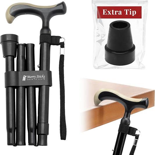 Merry Sticks Lightweight Foldable Walking Canes for Women and Men, Adjustable & Collapsible Walking Stick for Seniors, Non-Slip Ergonomic Handle with 1 Extra Replacement Cane Tip – Jet Black
