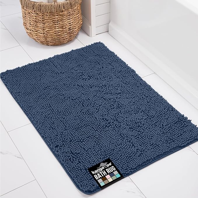 KANGAROO Bathroom Rugs, Chenille Soft Absorbent Bath Rug, Shaggy Shower Mat, Quick Dry Machine Wash Bathmat, Plush Carpet Mats for Tub, Bathtub and Room Home Decor Accessories, 30x20, Navy
