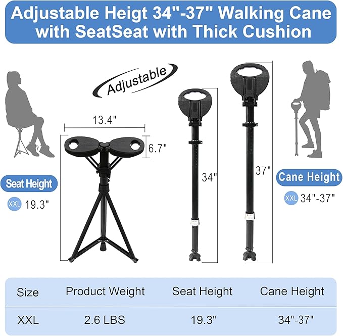 Walking Cane with Seat Folding Lightweight, Portable Cane Seat with Carry Bag, Walking Stick with Seat for Seniors & Adults, Foldable Adjustable Cane Chair for Travel Hiking