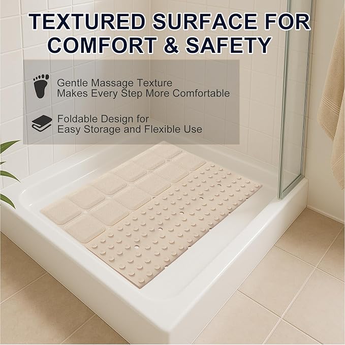 Anti Slip Shower Mat for Tub & Shower Stall, 21" x 21" Square Silicone Bathtub Mat with Powerful Suction Cups, Fast-Draining, Machine Washable Soft Foldable Bathroom Mat, Beige