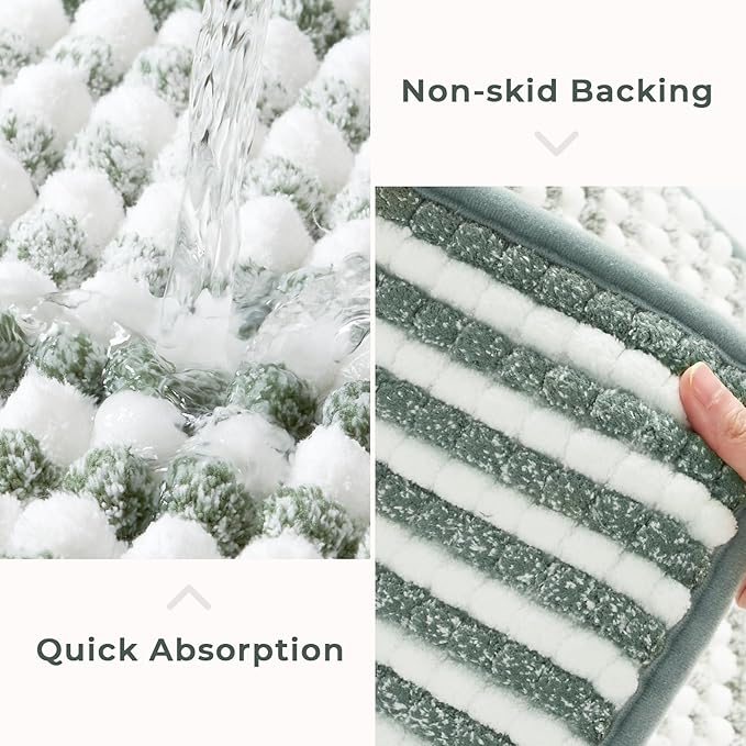 FRESHMINT Chunky Ombre Chenille Bathroom Rug 24"x36", Large Water Absorbent Soft Bath Rugs for Bathroom Floor, Thick Non Slip Bath Mat Washable Quick Dry Shower Mats, Sage Green and White