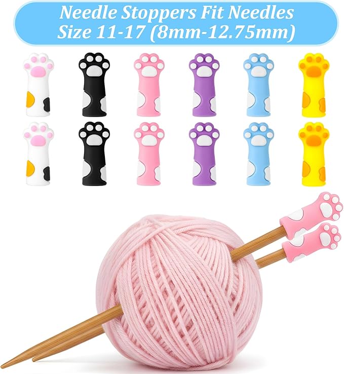 12PCS Cat Paw Knitting Needle Stoppers, Silicone Knit Needles Point Protectors Caps Needle Minders Locks, Knit Stitch Holders for Knitting Accessories and Gadgets