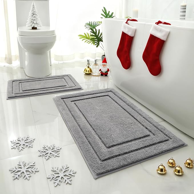 HOMEIDEAS Bathroom Rugs Sets 2 Piece, Super Soft and Absorbent Non Slip Microfiber Machine Washable Bath Mat Set (20" x 32" + 16" x 24", Grey)