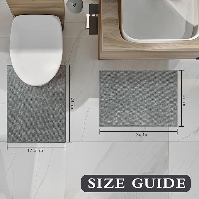 YIHOUSE Grey Bathroom Rug Sets 2 Piece, Bath Mat Quick Dry, Thin Bath Rug Set, Absorbent Bath Mat for Bathroom Non Slip Washable for Toilet and Floor 17.5"x24"U+17"x24"