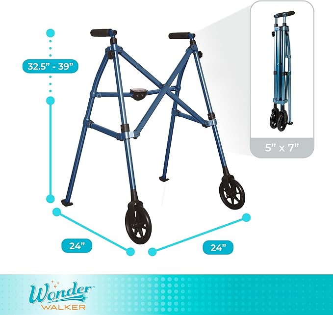Stander Space Saver Walker, Lightweight Folding Rolling Mobility Aid for Seniors & Adults, Compact 2-Wheel Disability Device with 6-inch Wheels & Ski Glides for Walking Support, Cobalt Blue