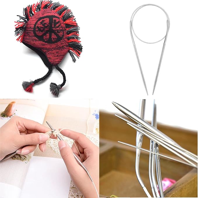 16 Inch Circular Knitting Needles Set, Stainless Steel Round Knitting Needles,11 Pack Sizes 1.5-5mm Metal Circle Knit Needle with Magic Loop for Socks, Knit Tools Set for Beginners