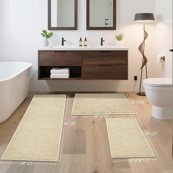 HDFK Bath Mat Runner Rug Non Slip 60x24 Inches Bathroom Rugs 2 Tone Plush Chenille Medium Pile with TPR Backing | Ultra Absorbent Solid Khaki | Long Mats for Tub Side Wet Dry Transition Zone Decor