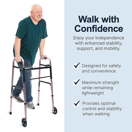 Lumex ColorSelect Walkers for Seniors, Rolling & Folding Adult Walker with Wheels, Pink