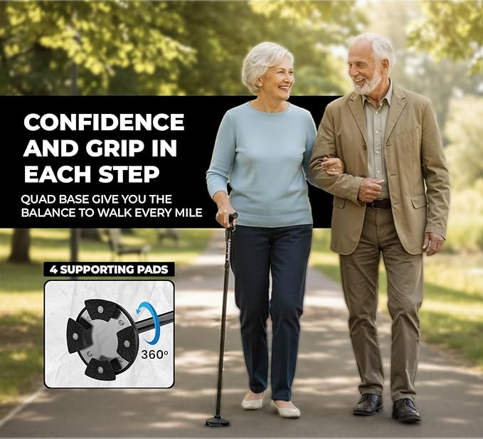 Walking Cane for Men & Women – Foldable, Adjustable, Self-Standing Cane with 360° Pivot Base, Comfortable Grip, Heavy Duty Canes for Women, Collapsible Walking Stick with Travel Bag for Seniors Adults