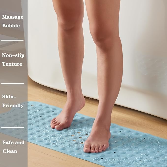 YANZIFLY Bathtub Mat for Shower: Soft Silicone Bath Mat Non Slip with Suction Cups Tub Mat for Bathroom for Family Extra Large Shower matt Machine Washable - Blue