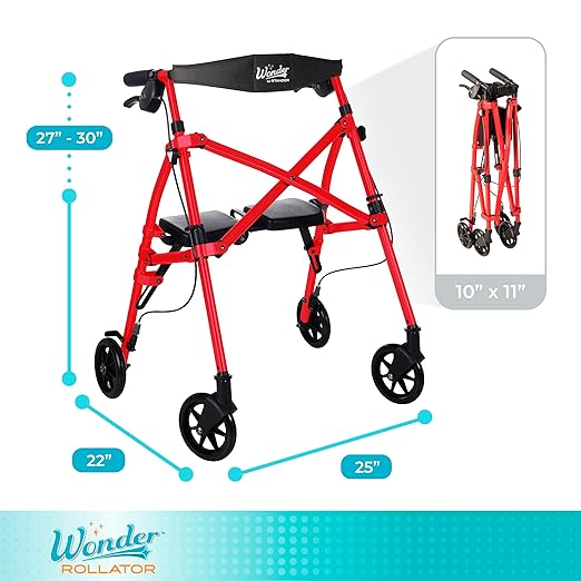 Stander Space Saver Rollator Short, Lightweight Folding Walker with Seat for Juniors & Petite Adults, 4-Wheel Mobility Aid with 6-inch Wheels, Locking Brakes, Padded Seat & Backrest, Sport Red