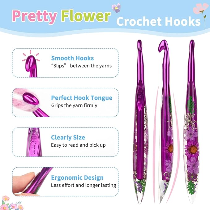 Coopay Crochet Hooks, 10mm Crochet Hook Ergonomic, See-Through Resin Handle with Flowers Inside, Pretty & Pleasant, Ideal for Crocheting Blankets, Dolls, Shawls, Hats, Scarves (N-10.0mm)