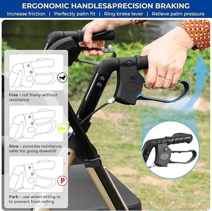 Foldable Rollator Walker for Seniors with Seat, Lightweight 2 In 1 Rolling Walkers Wheelchair Combo for Adult, Transport Chair with Brakes, Adjustable Seat & Handle, 300 Lb. Weight Capacity, Champagne