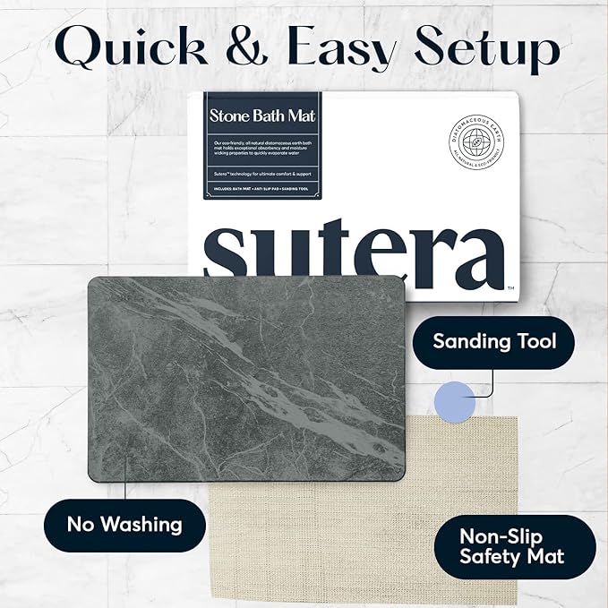 SUTERA - Stone Bath Mat, Diatomaceous Earth Shower Mat, Non-Slip Super Absorbent Quick Drying Bathroom Floor Mat, Natural, Easy to Clean (23.5 x 15 Slate)