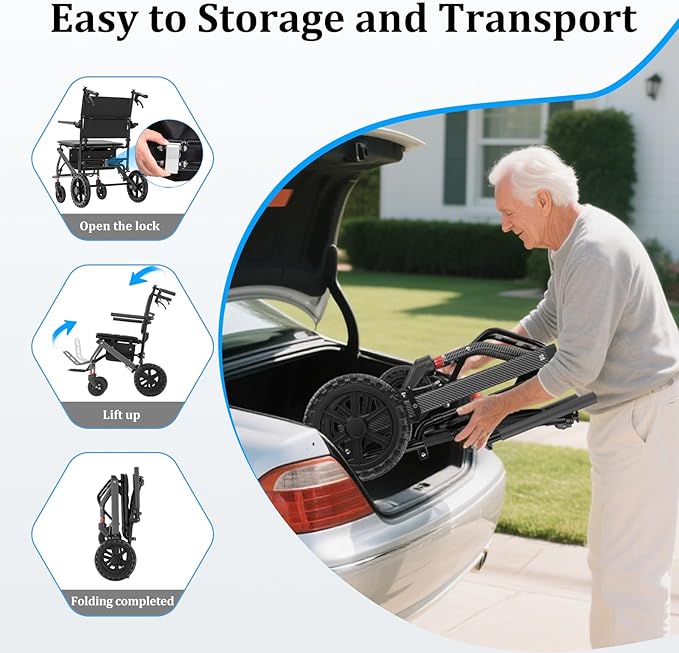 Nihhcune Wheelchair Walker for Seniors, Ultra Foldable Lightweight Rollator Walker with One-Hand Fold No Installation Portable Mobility Walking Aid with Handbrake Seat Belt Storage Bag, 300lb Capacity