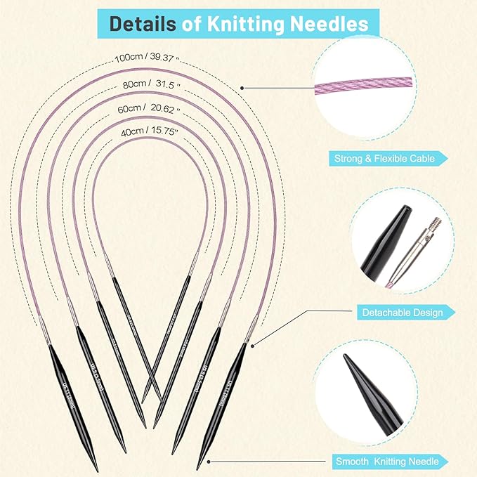 Aeelike Interchangeable Knitting Needles Set, 9 Pairs Circular Knitting Needles Aluminum (Size 3.0mm-8.0mm) with 4 Cables Accessories and Cute Storage Case for Socks Blankets Cushions, Ideal Gift